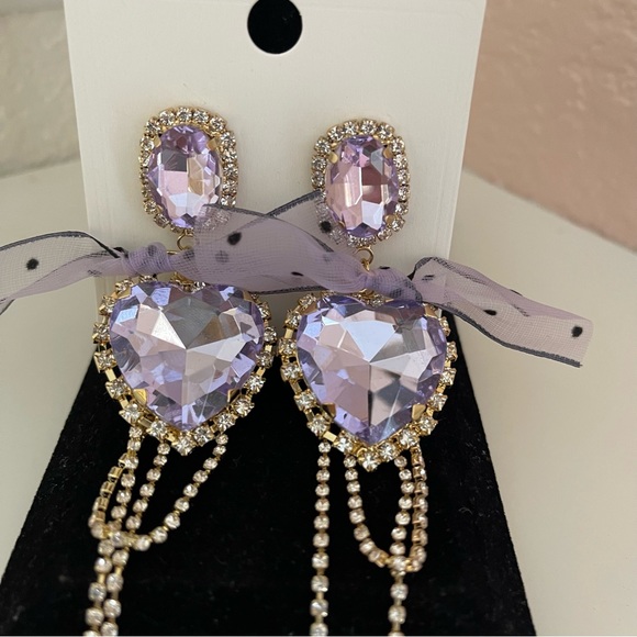 NWT Coquette Heart Shaped Crystal and Bowknot Tassel Drop Earrings in Purple. - Picture 3 of 5